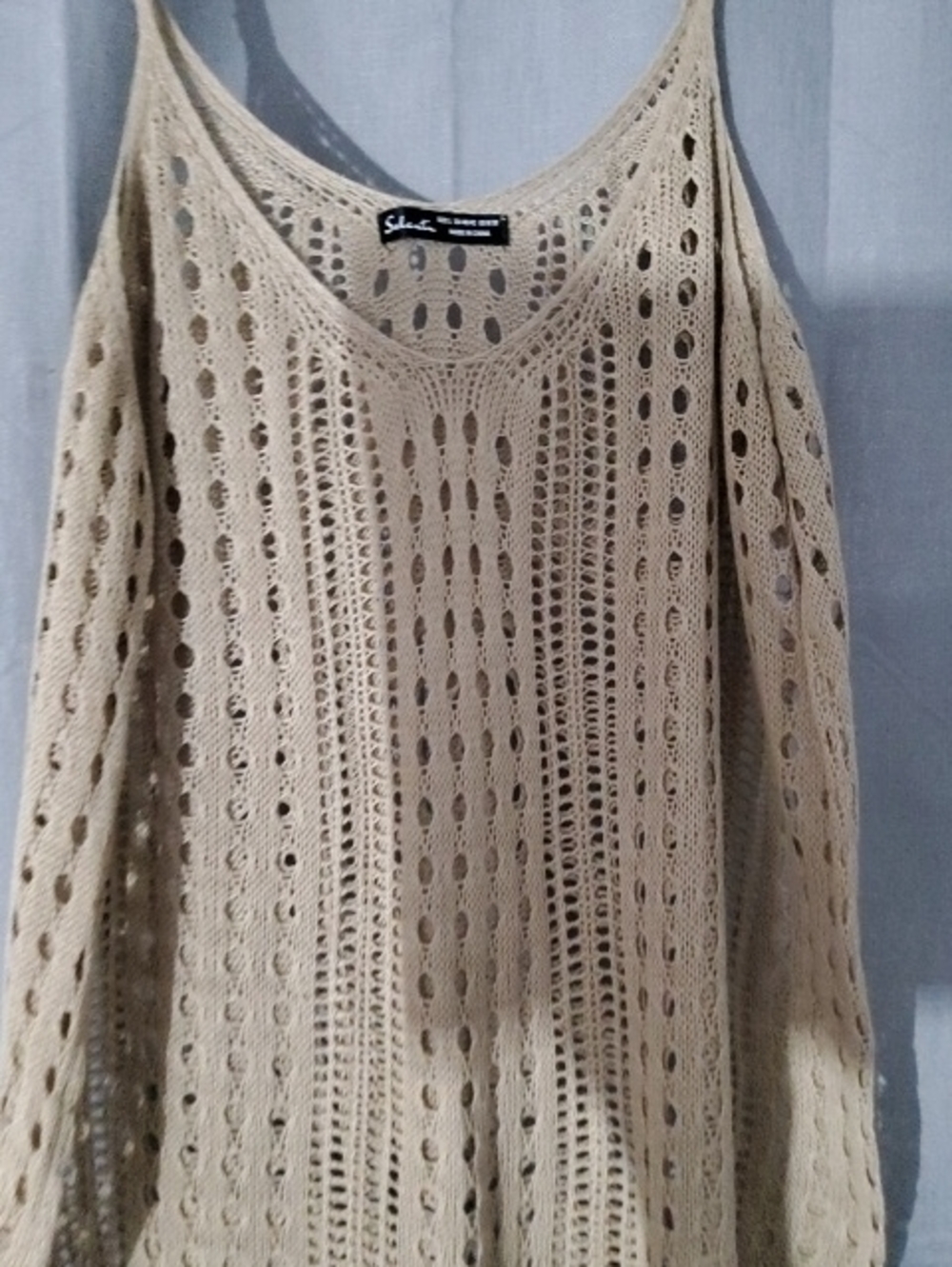 Sheer Open-Knit Scoop Neck Bathin Suit Cover- Beige